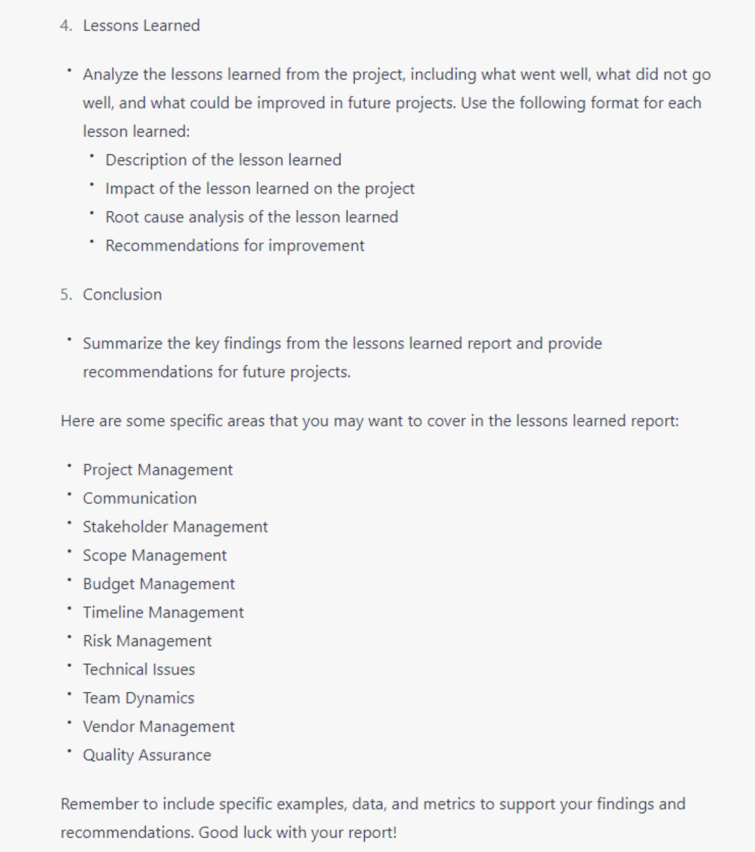  7 Strategic ChatGPT Prompts: Create project lessons learned report